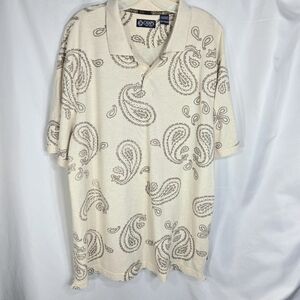 Chaps Ivory & Tan Paisley Print Cotton 2 Button Short Sleeve Polo Shirt Size XXL